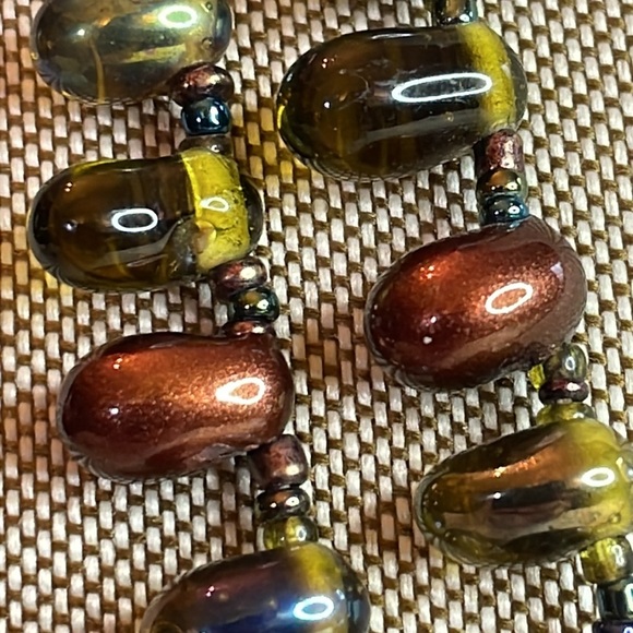 Bronze and green oblong glass beads and tiny seed bead spacer bead long necklace - Picture 5 of 8